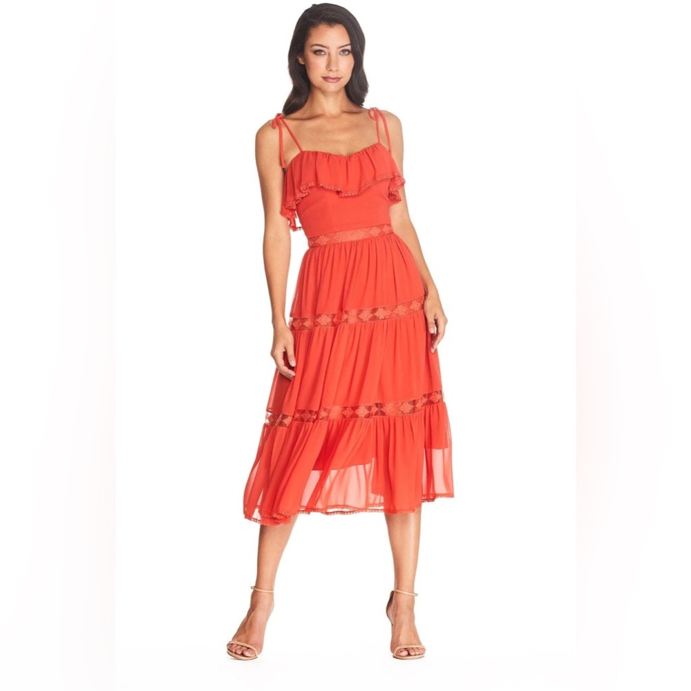 Dream Dress from Dress the population. Orange midi dress with lace. Worn 2x